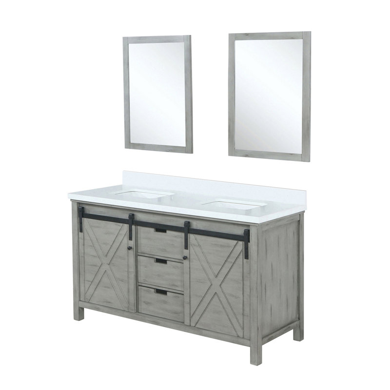 Meuble-lavabo double l 60 po x P 22 po avec comptoir et miroirs en marbre de culture gris Meuble-lavabo, portes de comptoir à fermeture en douceur