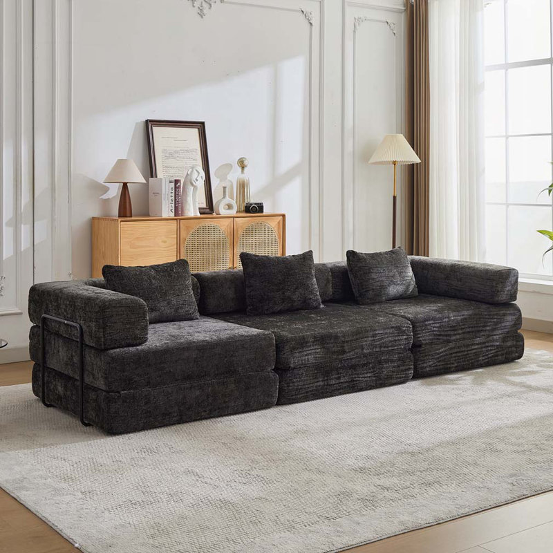 Canapé-lit Chenille, Noir, H 24,8 po x l 118 po x P 39 po