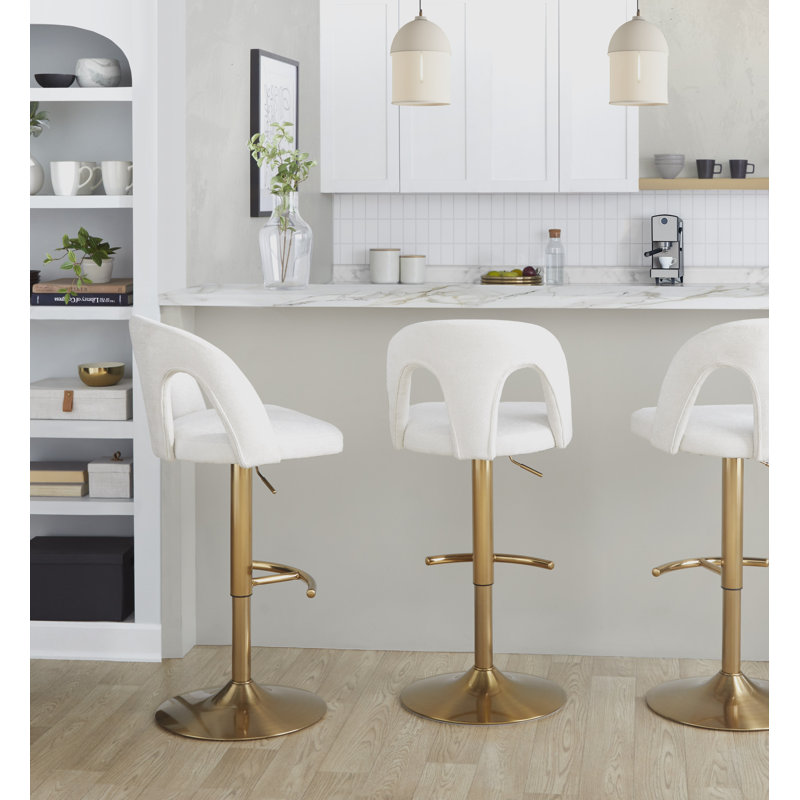 Tabourets de bar réglables Caden avec repose-pieds arrondi en T, Doré, Tissu blanc