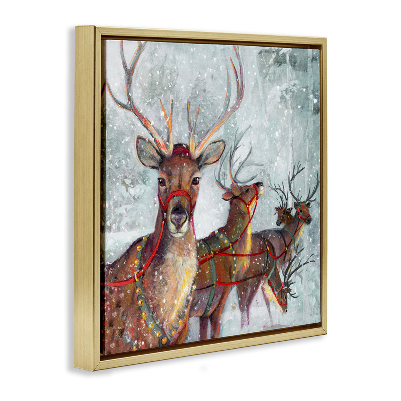 «Winter Reindeer Holiday Landscape», art mural encadré flottant doré par Ruane Manning, Cadre flottant métallique doré