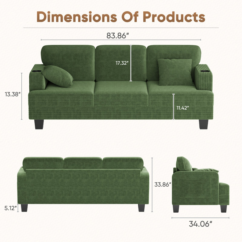 84" Modern style comfortable corduroy reception sofa, seating of 3, with cup holder, side pocket and type-c interface, Green
