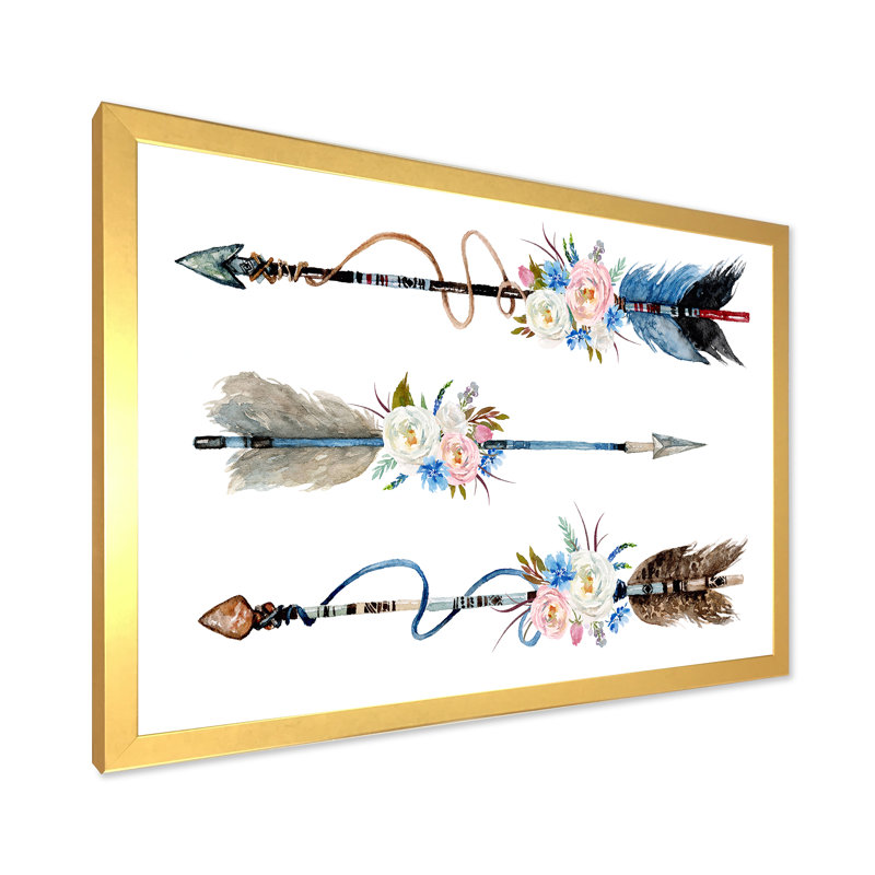 Plumes et fleurs sur des flèches indigènes - Peinture sur toile, H 30 po x l 40 po x 1,5 po, Cadre doré