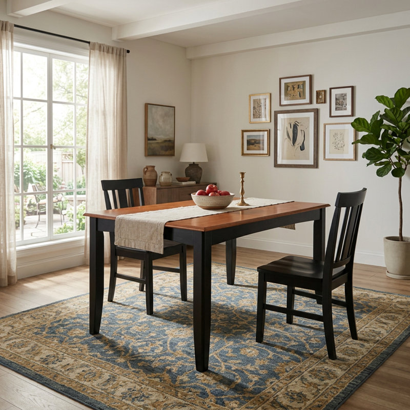 Ensemble de salle à manger carré 6 pièces en bois dur asiatique noir et cerisier avec rallonge papillon et 4 chaises à assise en similicuir