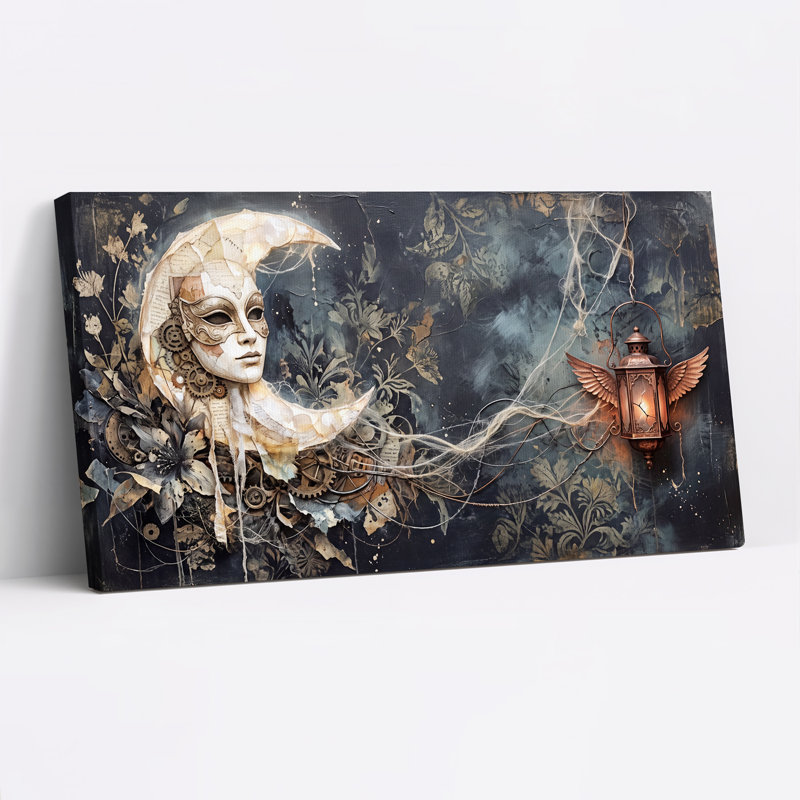 Tableau sur toile d'Halloween avec masque lunaire surréaliste et lanterne ailée, L 40 po x H 20 po