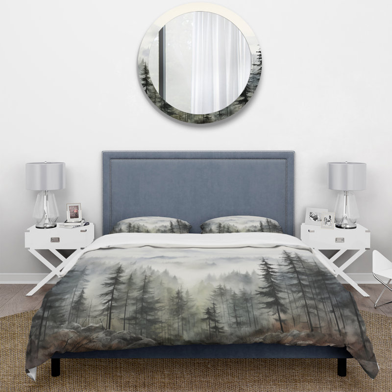 Pine Tree Misty Mountain II - Floral Duvet Cover Set, King Duvet Cover + 2 King Shams