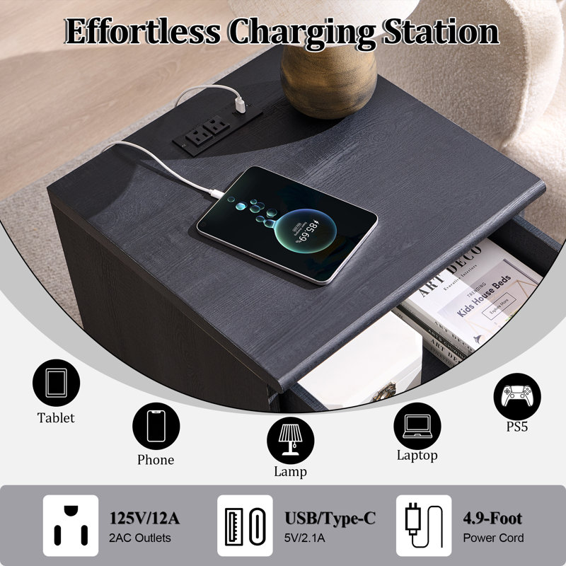 18"W Modern Arched Nightstand Set of 2，Bedside Table with Charging Station, Drawer and Open Shelf, Black, Set of 2