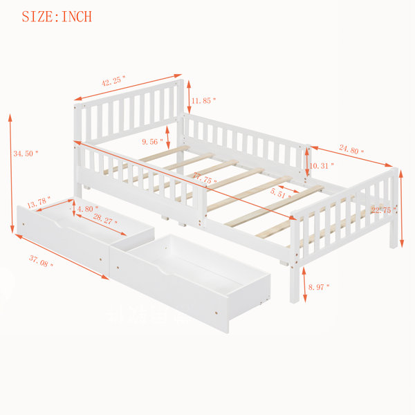 Gracie Oaks Twin Wood Platform Bed with Guardrails and Two Storage ...