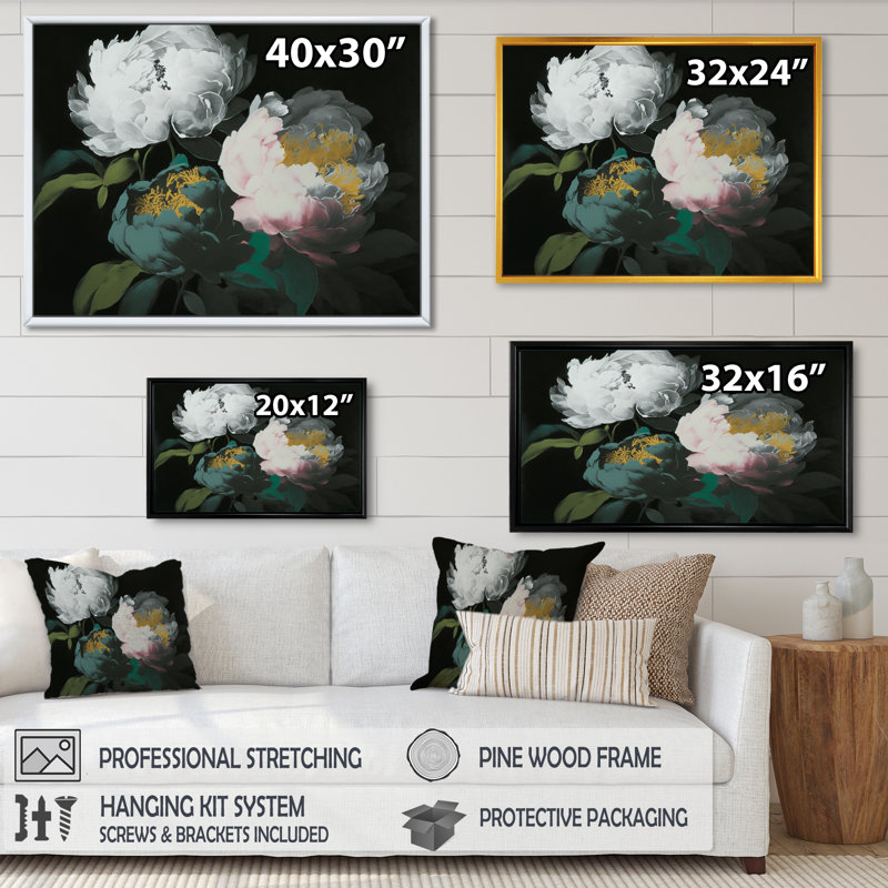 «White Blossoming Peony on Black II», reproduction sur toile, L 40 po x H 30 po, Toile à cadre flottant noir