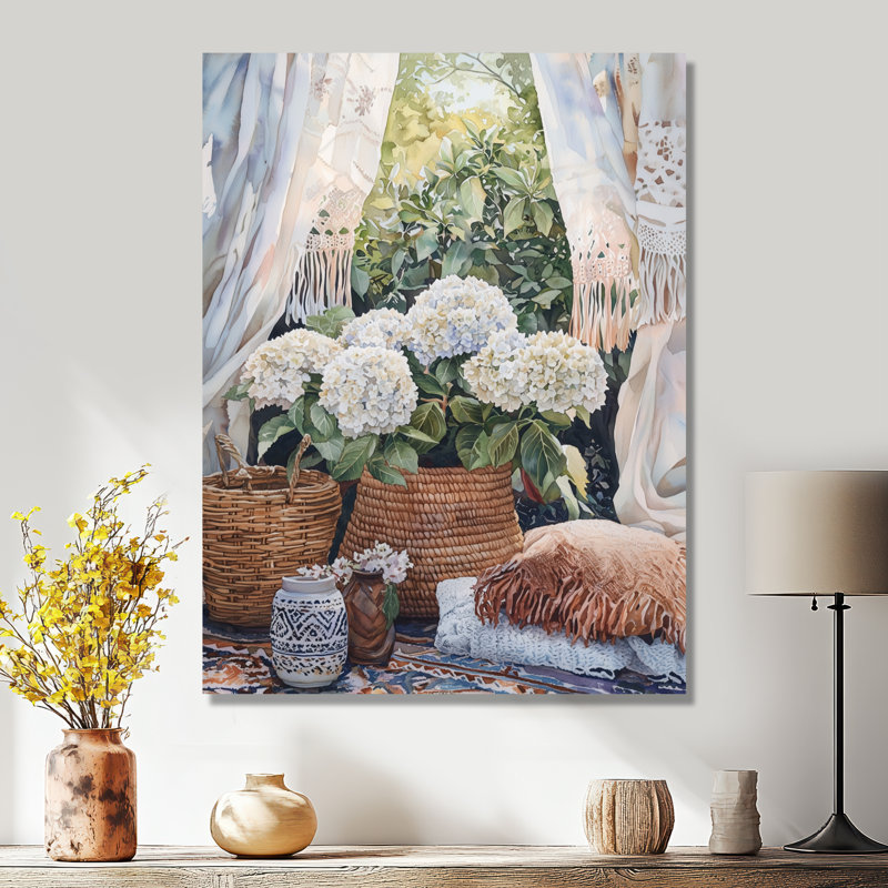 Boho Hydrangeas par The Boho Tent I - Hydrangea, décoration murale en métal, reproduction d'art traditionnelle en métal