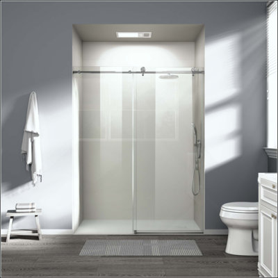 Single Sliding Shower Door, Frameless Bathroom Sliding Door With Tempered Glass For Walk-In Shower