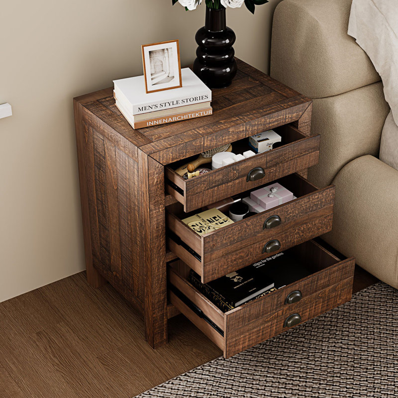 Rustic Farmhouse Style 3-Drawer Nightstand With Cup Pulls And Integrated Charge Station, Small Bedside Table