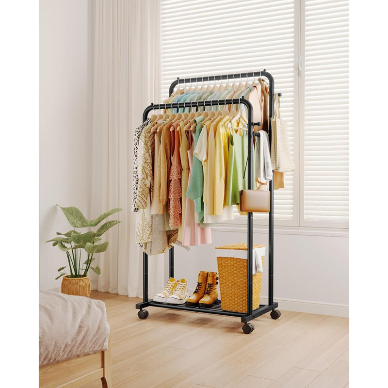 Portant à double tringle, noir, support à linge et à vêtements en métal avec tablette en maille, crochets et roues, support polyvalent pour l'intérieur