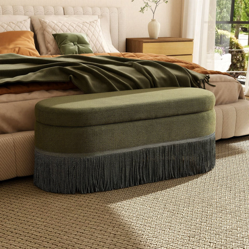Banc de rangement rembourré en lin 39 po, repose-pieds ovale moderne pour la chambre à coucher ou le salon