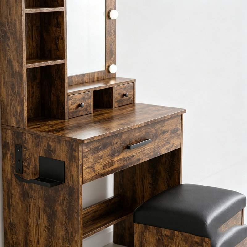 Coiffeuse compacte avec miroir DEL et support pour sèche-cheveux, Rétro