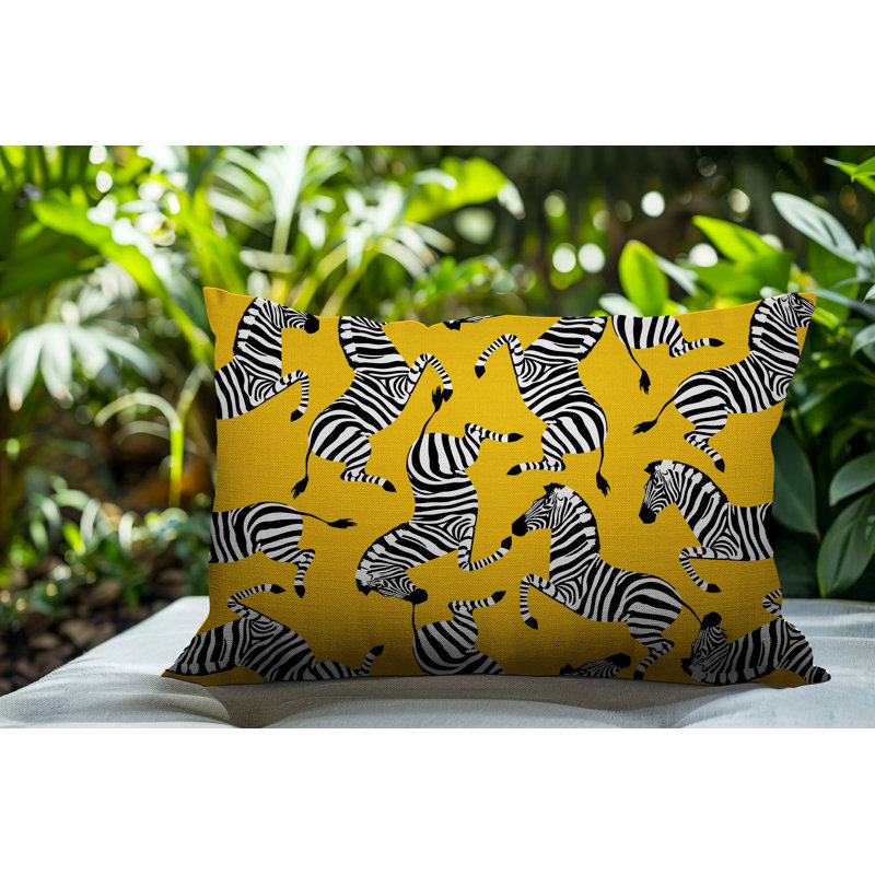 Oreiller rectangulaire réversible intérieur / extérieur Kiji Zebra, Jaune, H 14 po x l 20 po