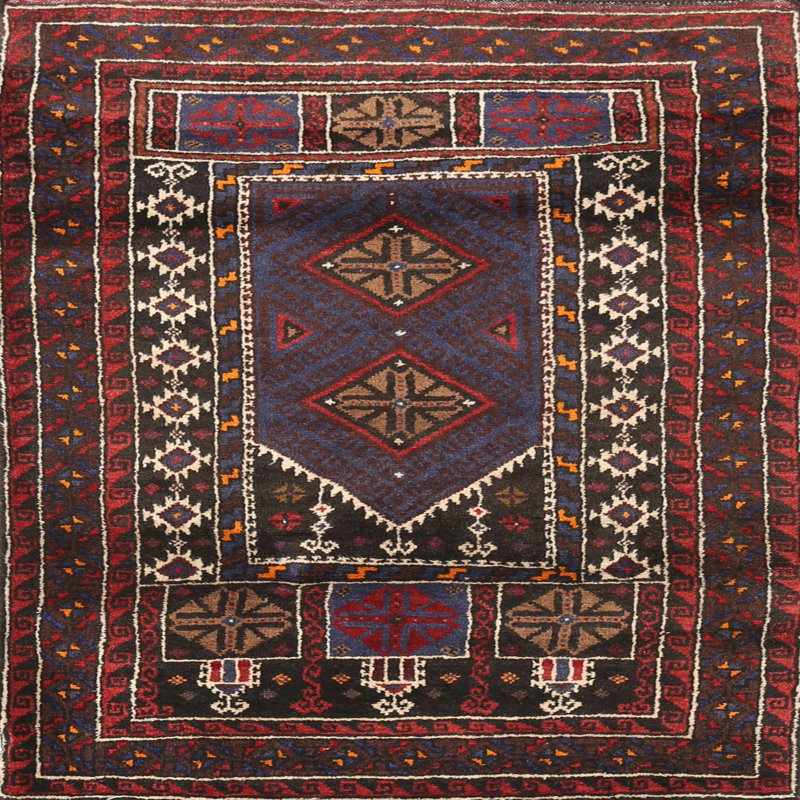 Tapis traditionnel mehroon/noir/crème Hakana, Carré 3 pi