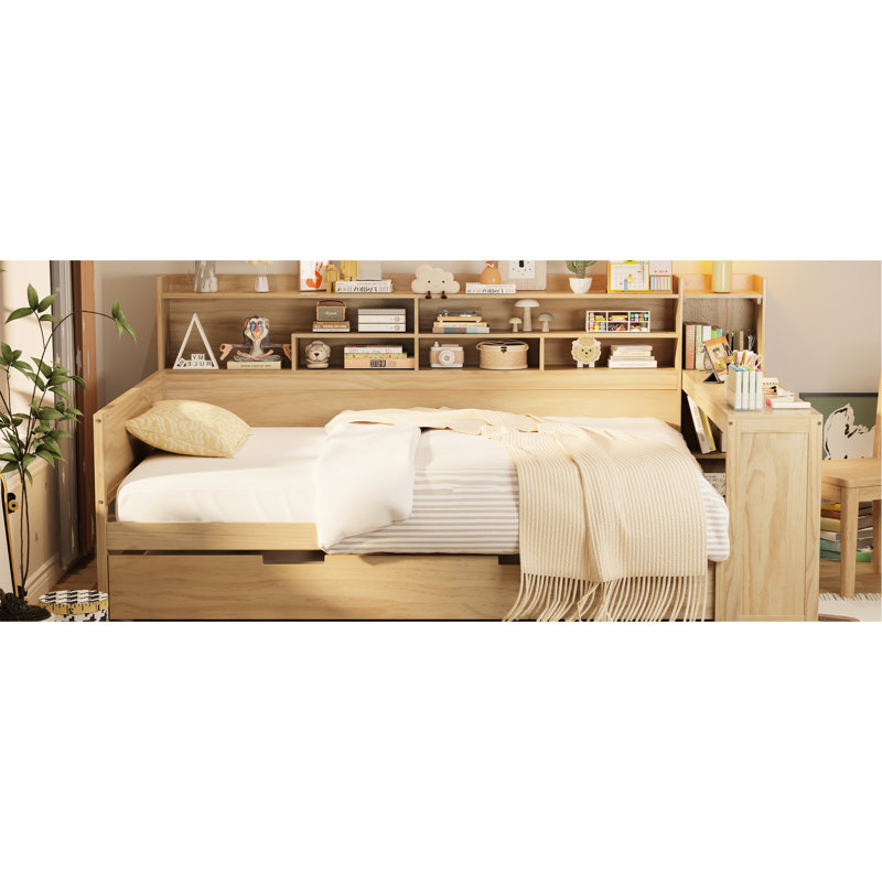 Wooden Daybed With Space Storage Facilities, Twin Size Trundle Bed And Handy Study Table In Natural Wood Options, Convenient Desk