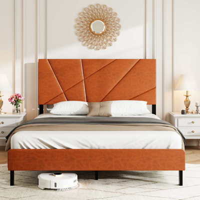 Lit plateforme rétro en métal brun avec rangement inférieur, lit rembourré, matelas sans ressorts, structure, cadre de chambre à coucher, plateforme carrée, métal