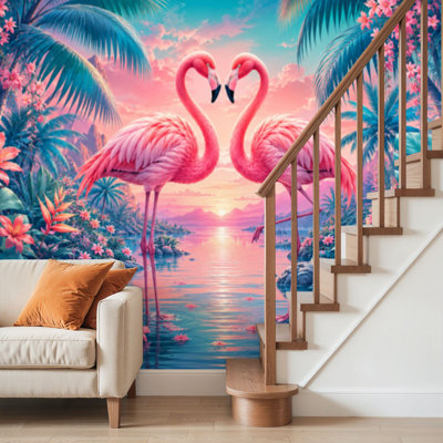 Papier peint adhésif pelez et collez, flamants roses, paradis tropical, coucher de soleil, environnement floral vibrant, art mural, auto-adhésif et amovible