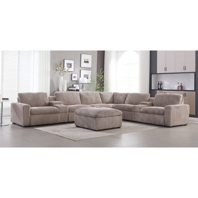 9 Piece Modern Corduroy L Shaped Power Reclining Sectional Couch with Storage & Wireless Charging