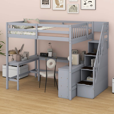 Wooden Full Size Loft Bed Frame Including A L-Shaped Desk, 3-Tier Shelves, Storage Staircase, Slats Support And Guardrails