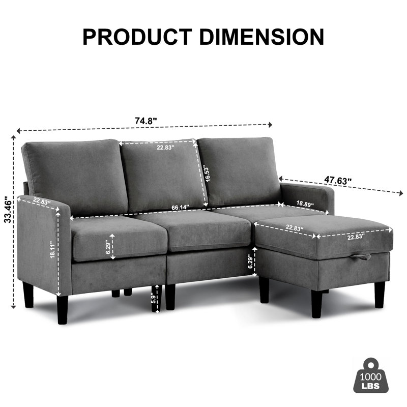 2 - Piece Upholstered L-Shaped Sectional, Dark Gray Polyester