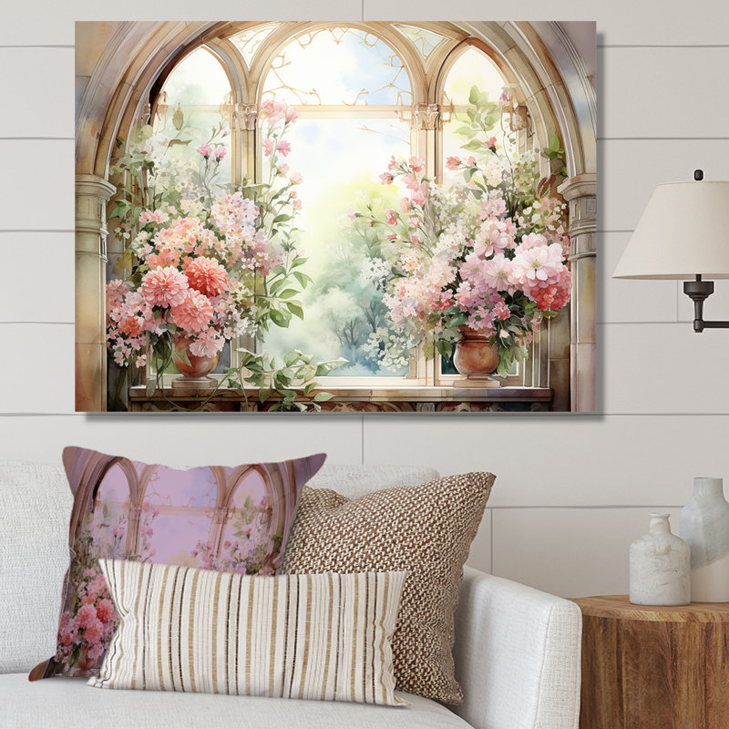 «Pink Blossoming Country Window Gaze V», reproduction d'art sur toile, Toile tendue, H 24 po x l 32 po x P 1 po