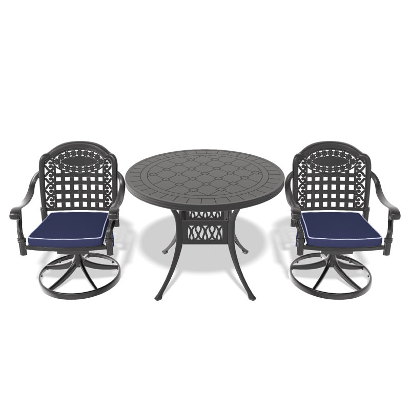 Ensemble de salle à manger 3 pièces en aluminium coulé toutes saisons comprenant 2 chaises pivotantes et une table ronde de 39,37 po avec structure noire