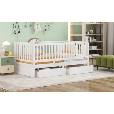 Lit de jour simple blanc avec clôture et tiroirs de rangement, convertible en deux lits, convient pour une chambre à coucher avec option garde-corps, peut être divisé en deux, sécuritaire pour les jeunes