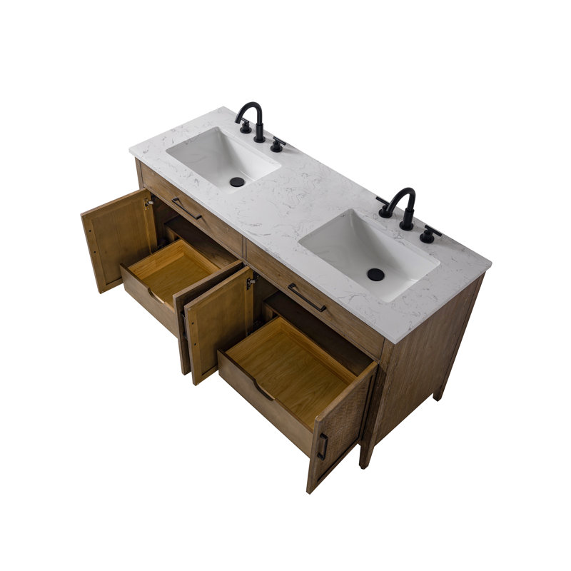 Meuble-lavabo double 60 po avec plateau en pierre d'ingénierie Sebastiano, Brun antique / cuivre antique