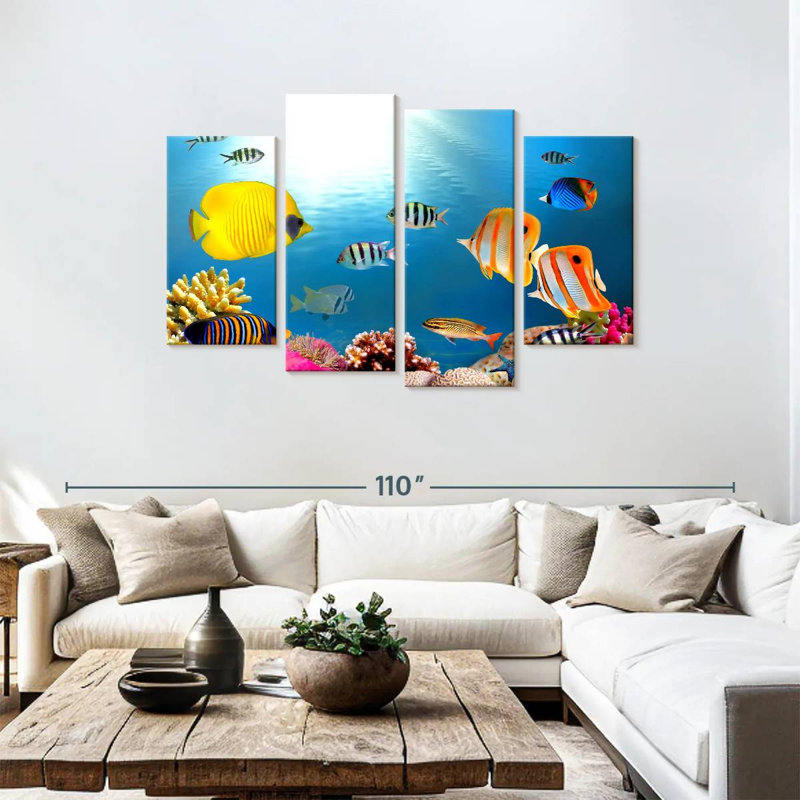 Poissons tropicaux et coraux, H 48 po x l 75 po