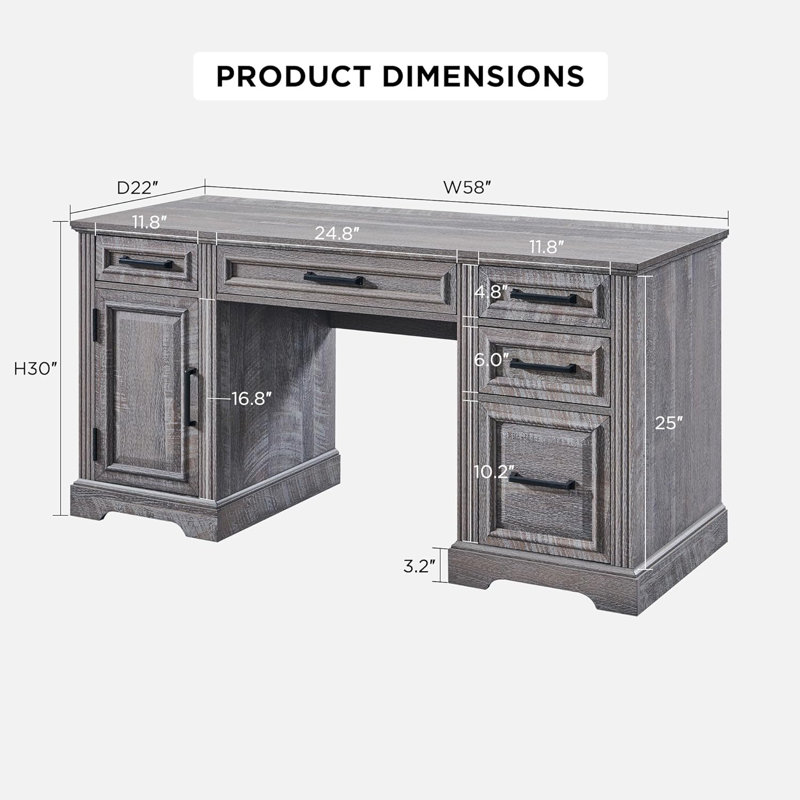 Ohana 58'' W Rectangle Computer Desk with Storage Cabinet and Drawers, Workstation for Office Home, Gray
