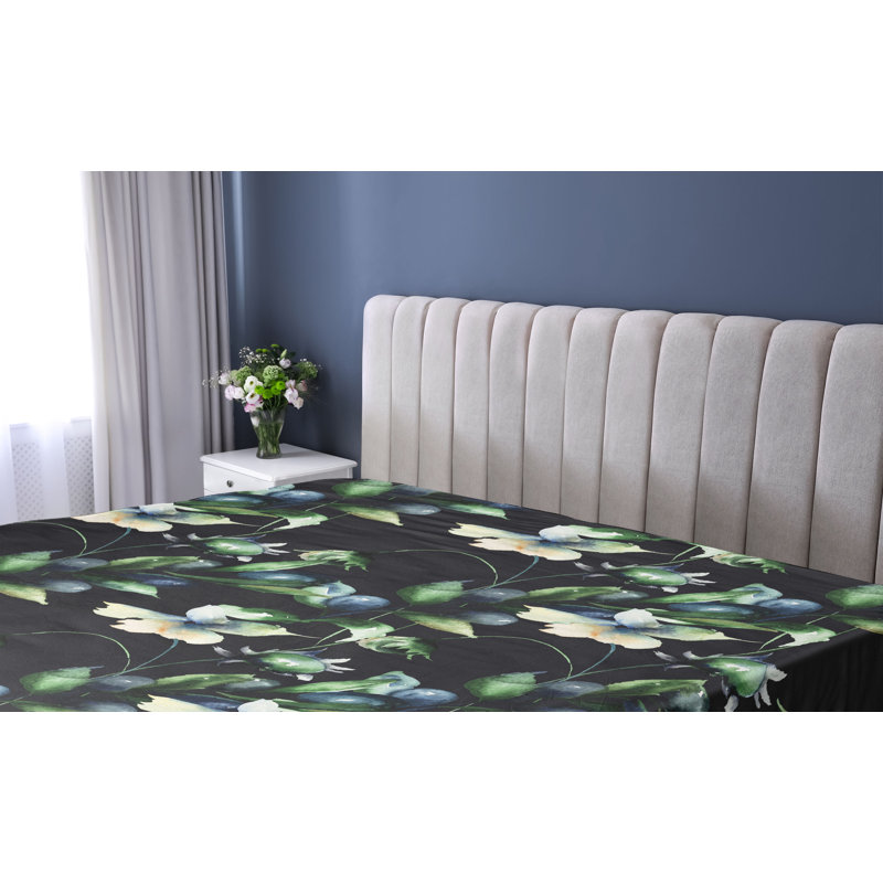 Drap-housse à motif floral Ambesonne, Drap-housse de taille simple, Bleu ardoise / vert / motif floral noir