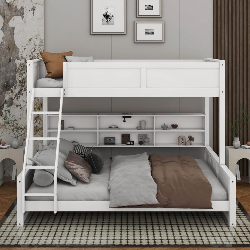 Lit superposé avec armoires de rangement et ports USB, Simple TG sur grand, Blanc antique