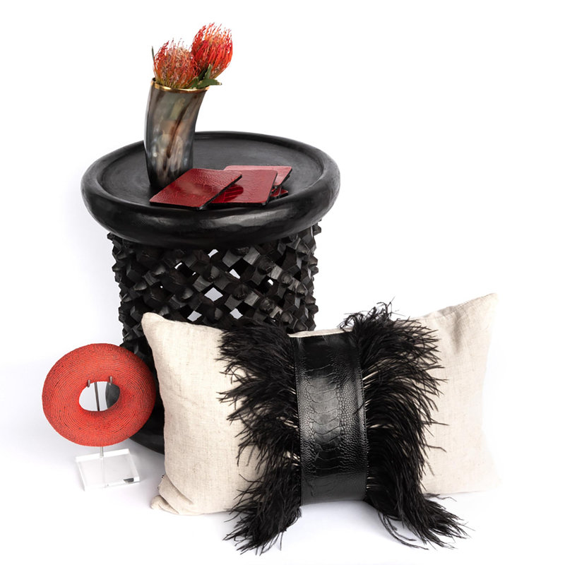 Linen Lumbar Pillow with Ostrich Feather Trim, Natural Linen/Black Ostrich Feather