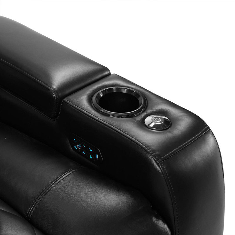 Tuscany Upholstered Home Theater Seating with Cup Holder, Midnight Black Genuine Leather