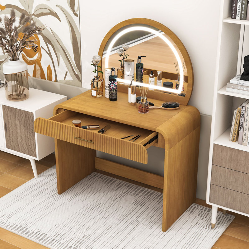 Makeup Vanity Table with Touch Screen Lighted Mirror and Drawer, Natural
