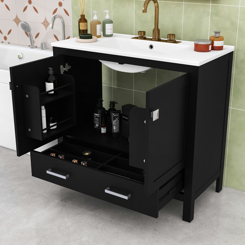 Modern Bathroom Vanity with Ceramic Sink, Soft-Close Doors and Divided Drawer, Black/White