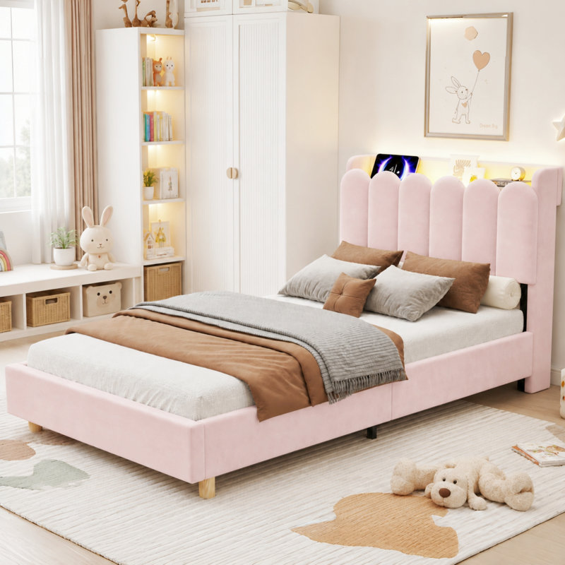3FT Single Bed Frame with Storage Headboard & LED Reading Light, Pink