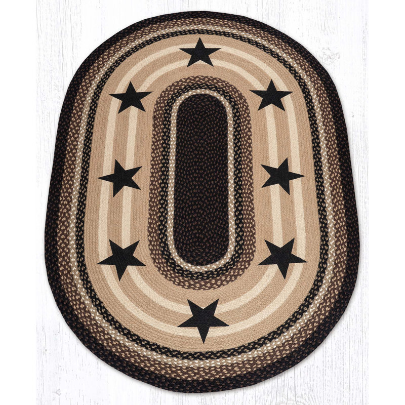 Earth Rugs Black Stars Oval Patch Tread Hand-Stenciled Jute Runner with Americana Folk Charm, Oval 2' x 8'