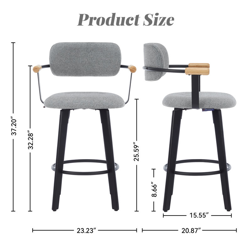 Swivel Upholstered 25.59"" Bar Stool with solid Wood Frame, Gray