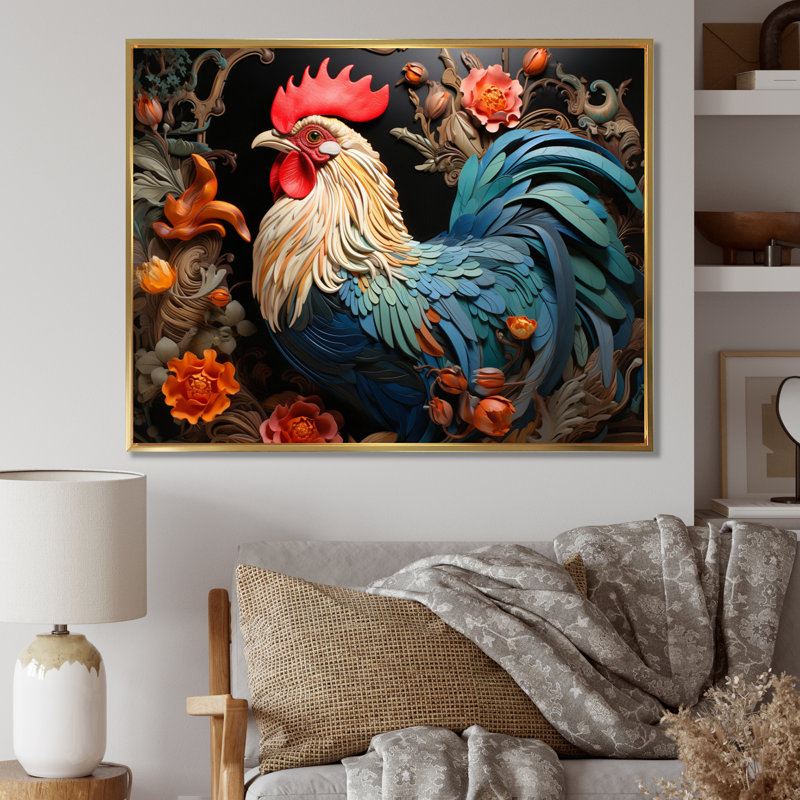 Coq bleu avec fleurs orange, H 24 po x l 32 po, Cadre flottant doré