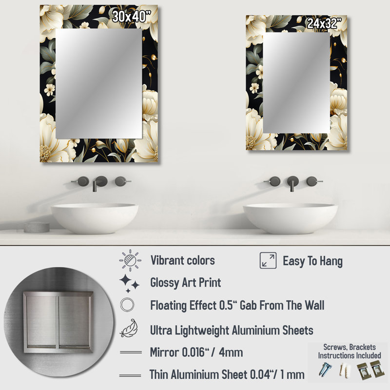 Motif victorien contemporain Lacey - motif floral - miroir mural floral, 32 po x 24 po