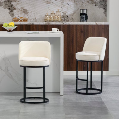 Counter Height Bar Stools Set Of 2, Modern Barrel Counter Stools With Backrest, Linen Fabric Upholstered Accent Bar Stools For Kitchen Island