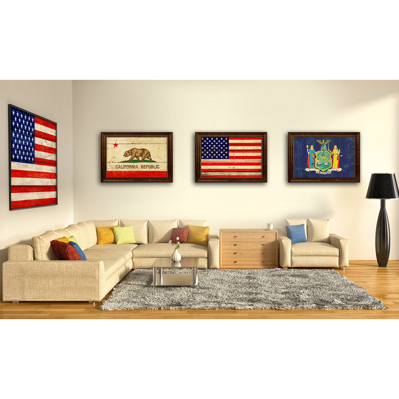 Impression de drapeau américain vintage avec cadre brun doré, 15 x 21