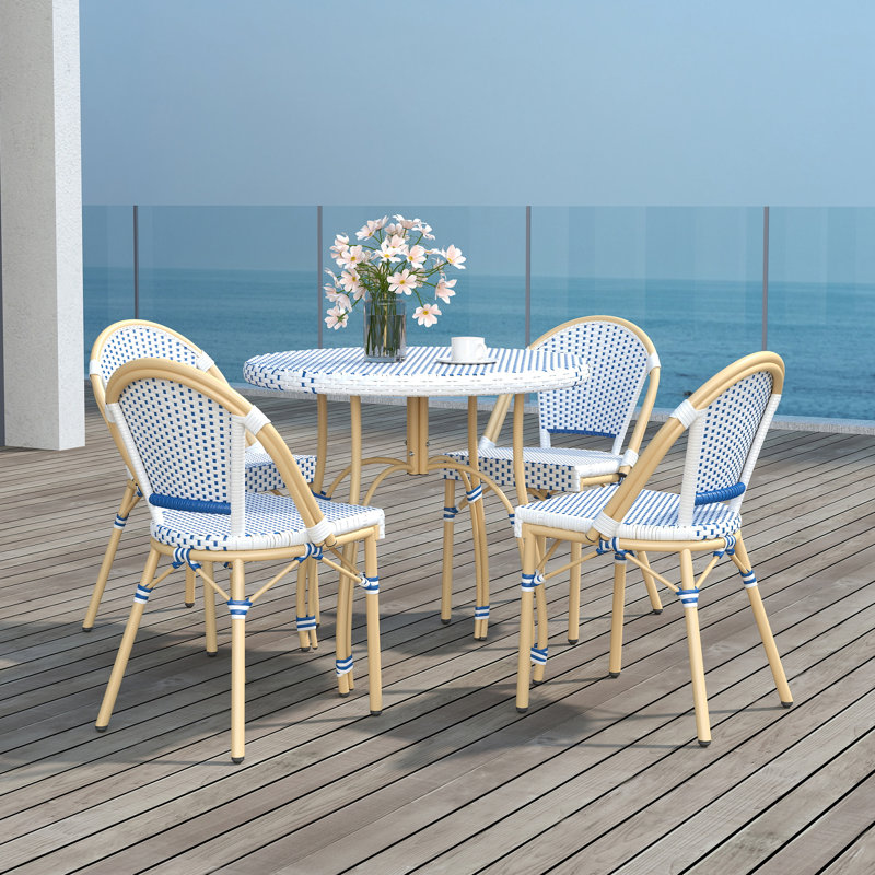 Modern Dining Set With Round Rattan Dining Table And Rattan Dining Chairs For Dining Room, Patio, Blue