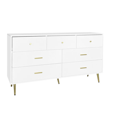 Commode élégante avec accents dorés et beaucoup de rangement, un ajout polyvalent et élégant à toute chambre à coucher.