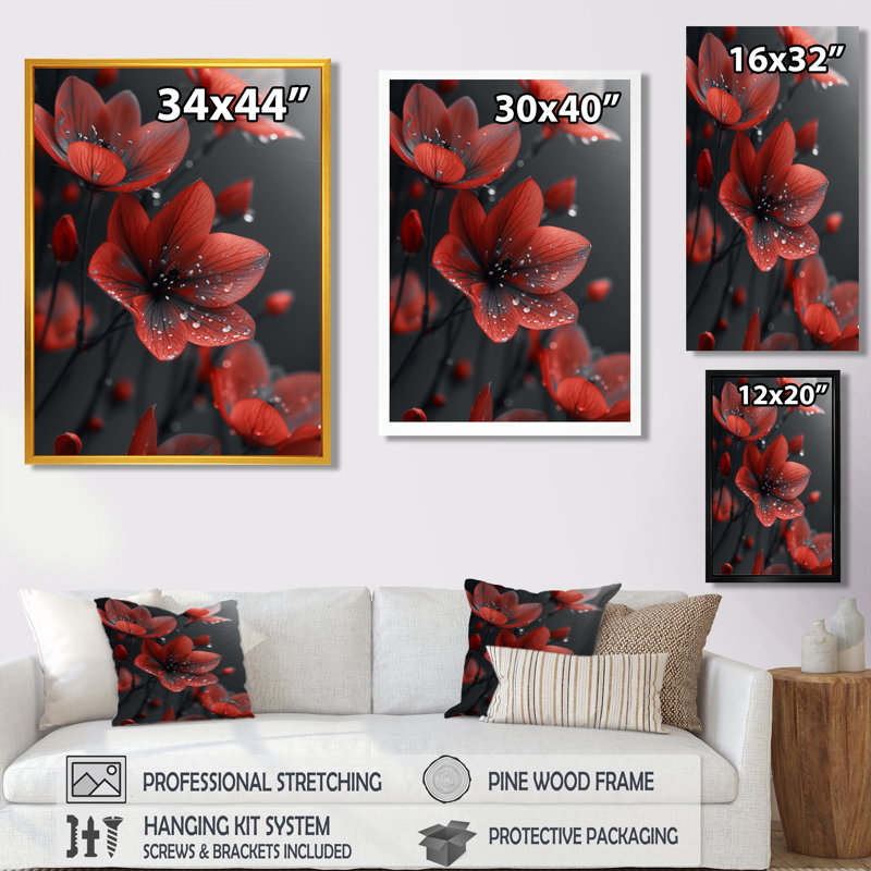 Monochromes gelés rouges et noirs fleurs d'hiver II - impression d'art mural fleurs, Toile tendue, H 20 po x l 12 po