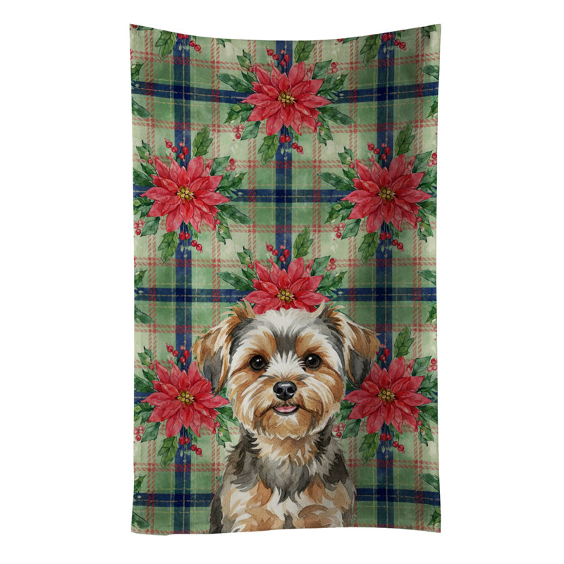 Yorkiepoo Christmas PoinsettIas Kitchen Towel, Gray/Brown Yorkiepoo
