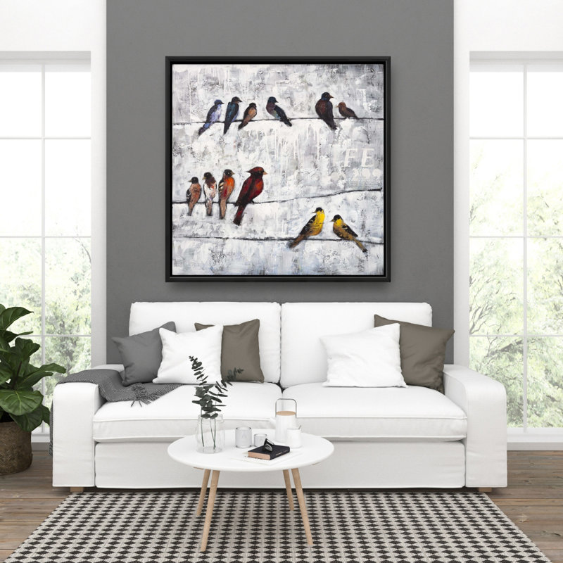 Colorful Birds On Branches Print On Canvas, 36" H x 36" W, Black Framed Canvas